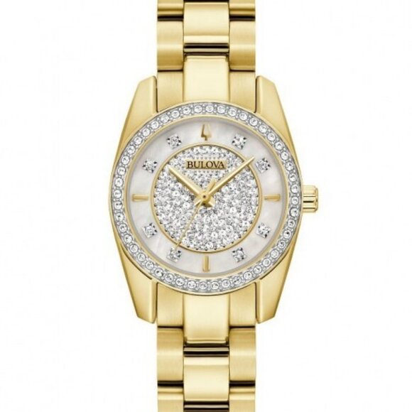Bulova Women's Crystal Quartz Gemmed Gold Stainless Steel Watch 24 MM 98X137 - Picture 1 of 4